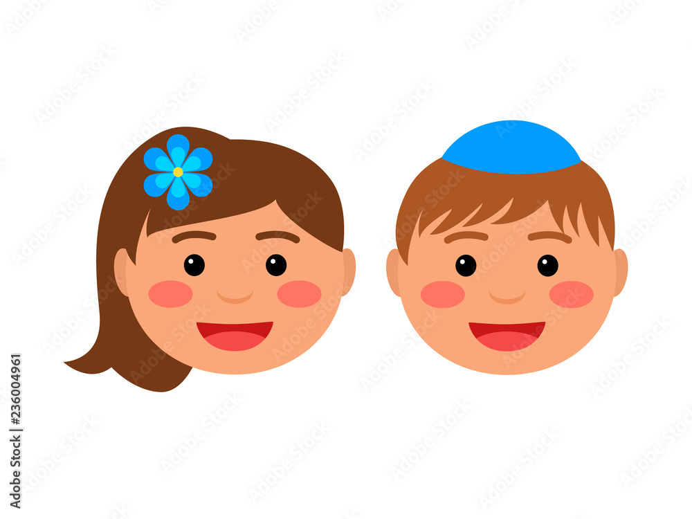 smiling faces of jewish children. the boy is wearing a kippa. flat vector illustration isolated on white background smiling faces of jewish children. the boy is wearing a kippa. flat vector illustration isolated on white background