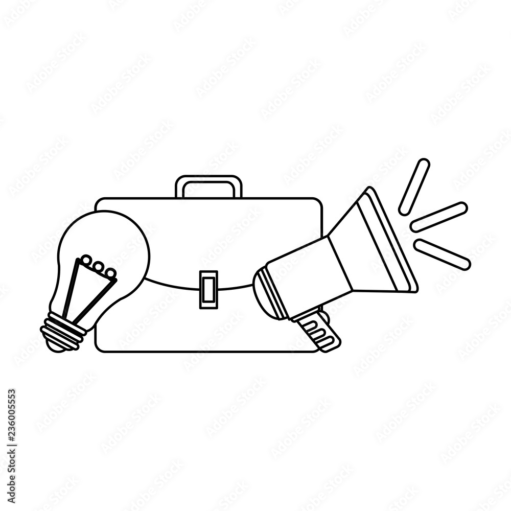 Briefcase with bullhorn and bulb light in black and white Briefcase with bullhorn and bulb light in black and white