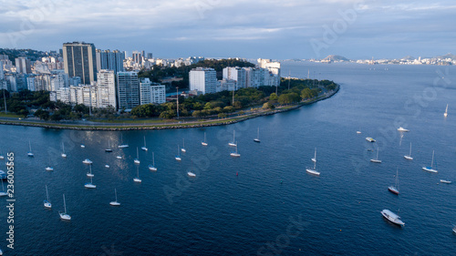 Aerial view on the drone cove of Botafogo in Rio de Janeiro  sea and boats in the late afternoon