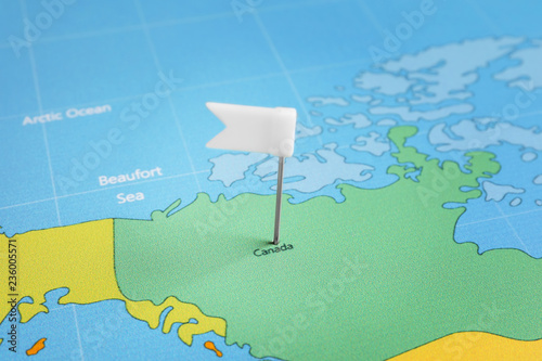 Canada pinned on map, closeup