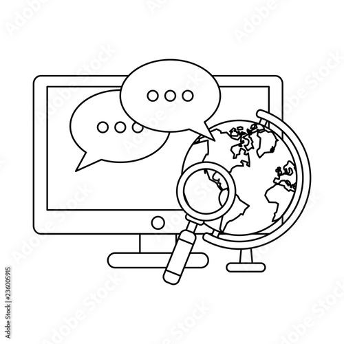 Chat around world with computer in black and white