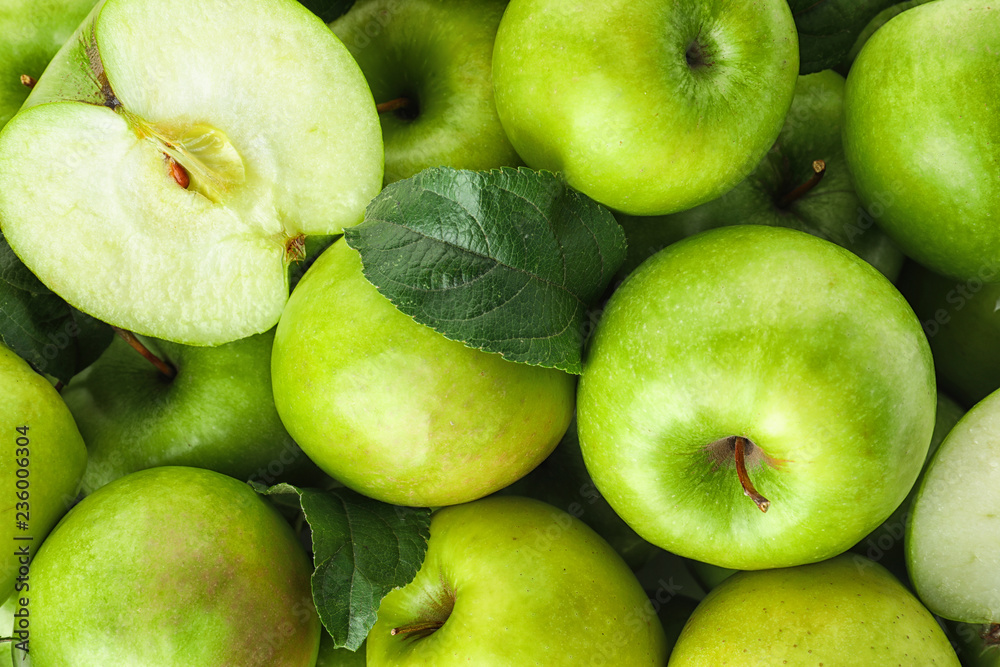 Many ripe juicy green apples as background - obrazy, fototapety, plakaty 
