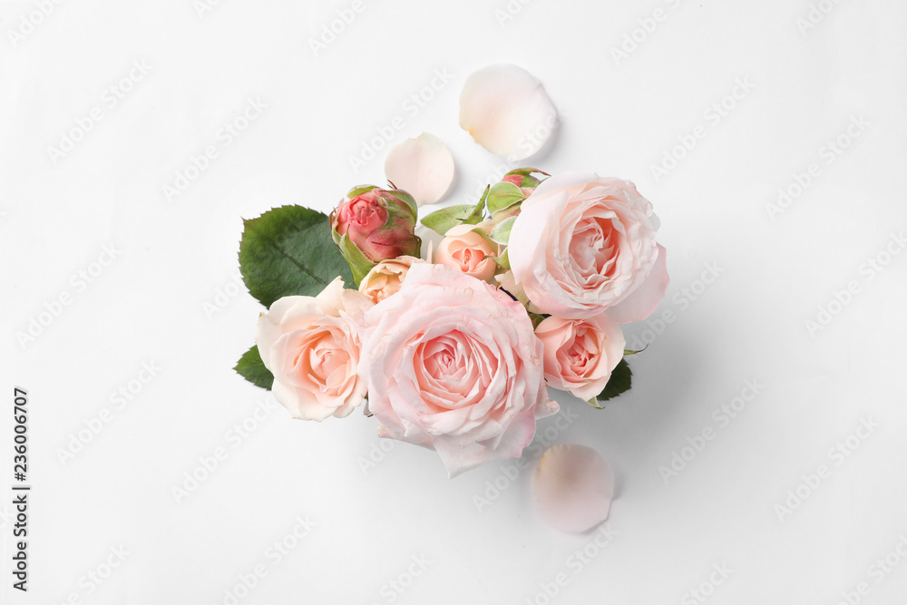Fototapeta premium Beautiful roses on white background, top view