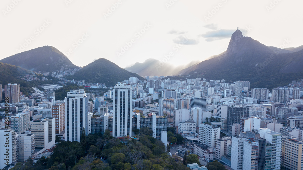 Aerial view of the drone of Rio de Janeiro, with Christ the Redeemer in the background