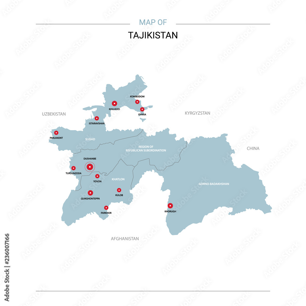Tajikistan vector map. Editable template with regions, cities, red pins and blue surface on white background. 