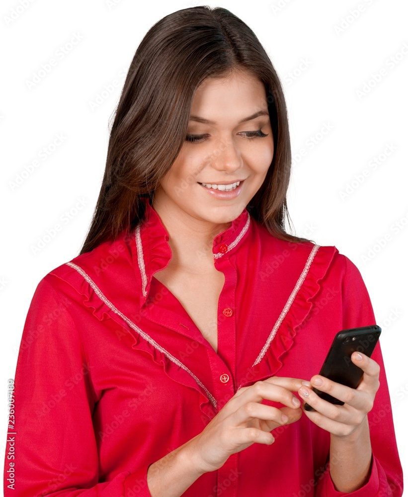 Young cute woman with phone isolated on white background Young cute woman with phone isolated on white background