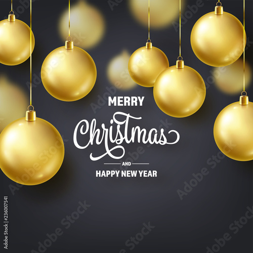 Christmas Background With Tree Balls. Golden Ball. New Year. Winter holidays. Season Sale Decoration. Gold Xmas Gift.