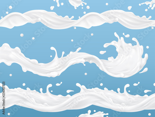 Milk splash wave seamless vector pattern. 3d realistic vector set. Package design