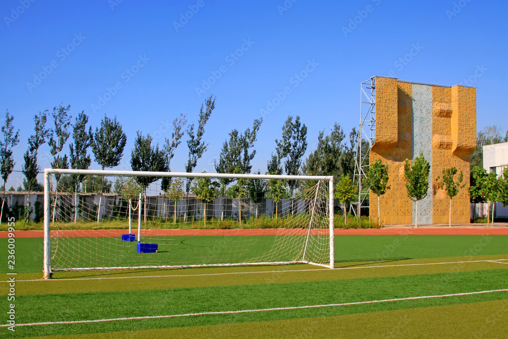 Fototapeta premium Football field and rock climbing facilities in a school