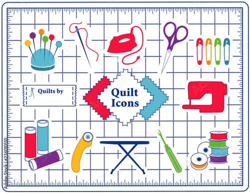 Quilt, patchwork, sewing, DIY icons, pincushion, needle, thread, iron, scissors,  pins, sewing label, fabric, sewing machine, bobbins, rotary cutter, ironing board, seam ripper, cutting mat