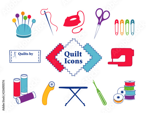 Quilt, patchwork, sewing, DIY icons, needle, thread, iron, scissors, safety pins, sewing label, fabric, sewing machine, pins, bobbins, rotary cutter, ironing board, seam ripper,  bobbins.