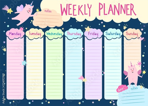 Weekly planner with cute unicorn pig characters in cartoon style. Kids schedu...