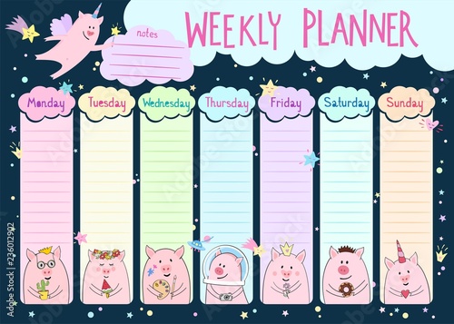 Weekly planner with cute pig characters in cartoon style. Kids schedule desig...