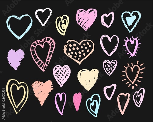 Vector set of hearts hand drawn with chalks on blackboard