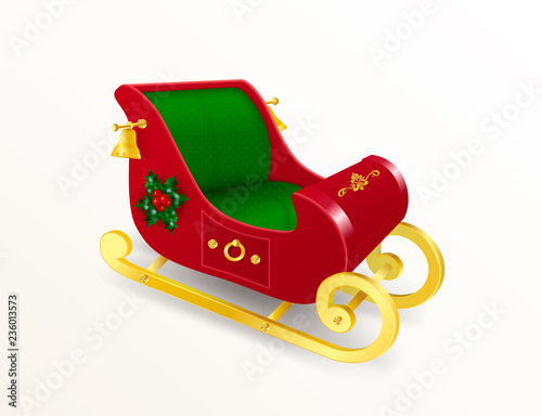 Christmas Santa Claus sleigh with gold skids decorated with holly leaves and berries, ornament and golden bells. Realistic Vector Illustration in traditional colors isolated on white background.