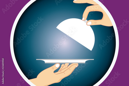 Design business Empty template isolated Minimalist graphic layout template for advertising . Hu analysis Hands Serving Tray Platter and Lifting the Lid inside Color Circle