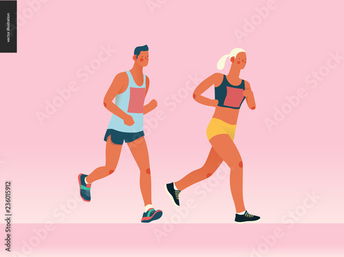 Marathon race group - flat modern vector concept illustration of running men and women wearing sportswer. Marathon race, 5k run, sprint. Creative landing page design template, web banner