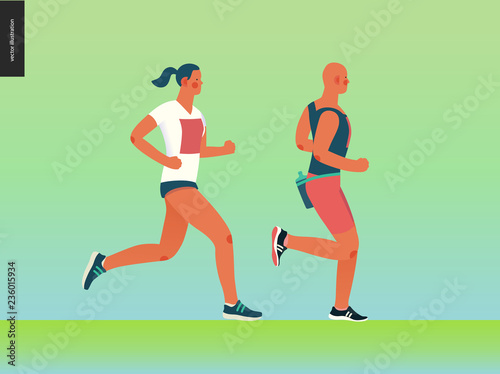 Marathon race group - flat modern vector concept illustration of running men and women wearing sportswer. Marathon race, 5k run, sprint. Creative landing page design template, web banner