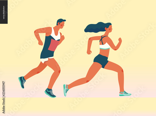 Marathon race group - flat modern vector concept illustration of running men and women wearing sportswer. Marathon race, 5k run, sprint. Creative landing page design template, web banner