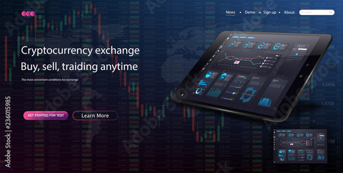 Web site template. Forex market, news and analysis. Binary option. Application screen for trading. Modern vector illustration concepts for website and mobile website development. Vector illustration