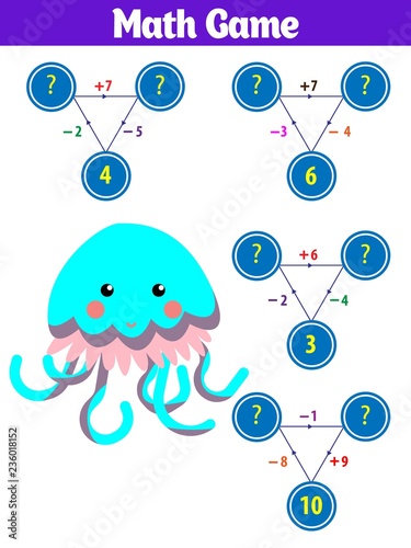 Mathematics educational game for children. Vector illustration. Theme mermaid sea, ocean, fish