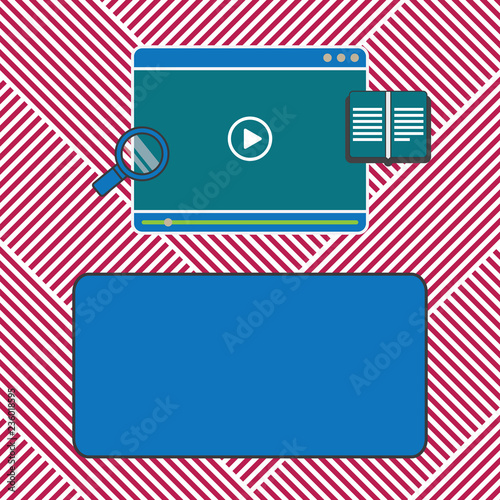 Business concept Empty template copy space isolated Posters coupons promotional material. Tablet Video Player Uploading Downloading and Magnifying Glass Text Space