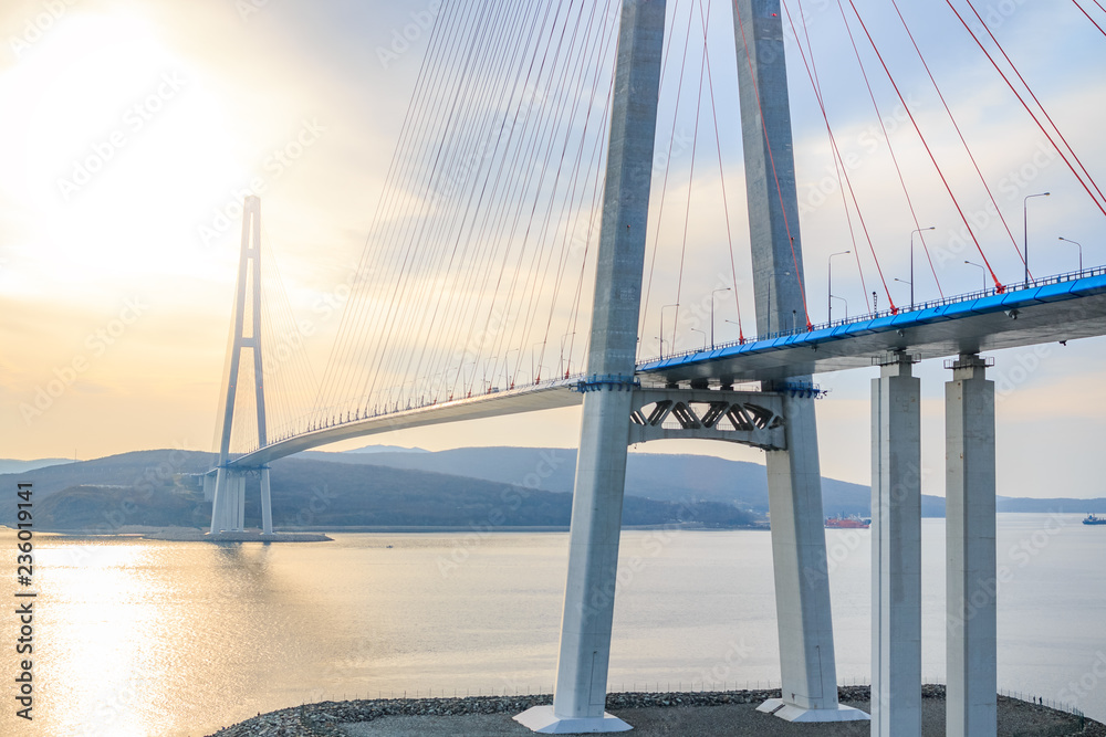 Suspended cable Russian bridge from the mainland of the Far-Eastern city of Vladivostok to the Russky island