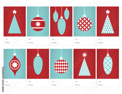 
Christmas Gift Tags with Red and Aqua Blue Christmas Trees and Retro Xmas Tree Ornaments. Modern Geometric Style. Printable Letter 8.5"x11" / A4 size sheet. To / From Tags.