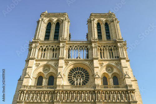 Towers of the famous Notre Dame Cathedral, a medieval church on the Île de la Cité, widely considered to be one of the finest examples of French Gothic architecture