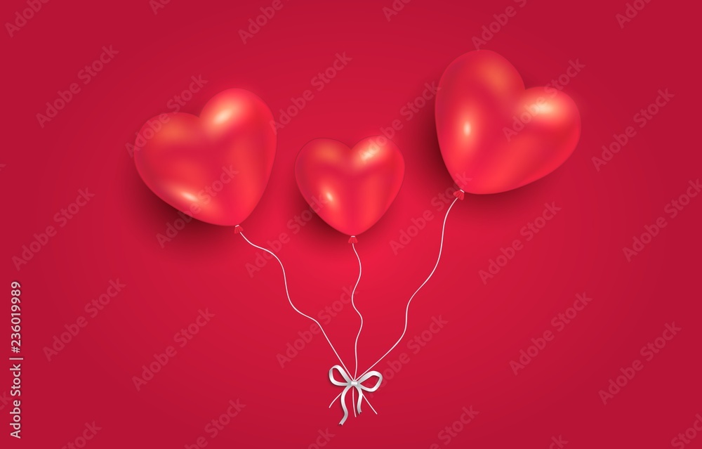 Heart balloons on red background, greeting card to happy Valentine's Day for love vector