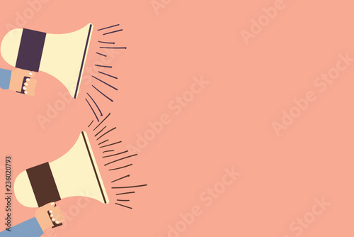 Design business concept Empty copy space modern abstract background. Two Hu analysis Hand Each Holding Megaphone with Sound Volume Icon on Left side