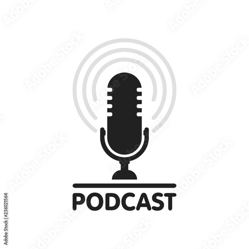 Podcast radio icon illustration. Studio table microphone with broadcast text podcast. Webcast audio record concept logo