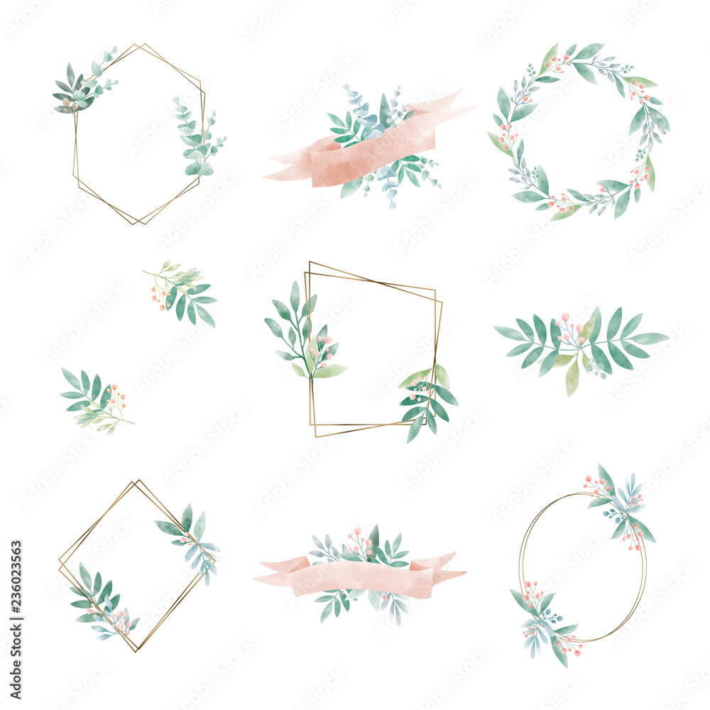 Set of geometric frame with leaves vector Set of geometric frame with leaves vector