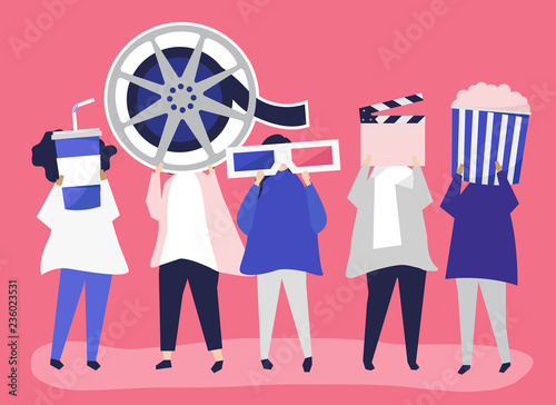 Characters of people holding movie icons illustration