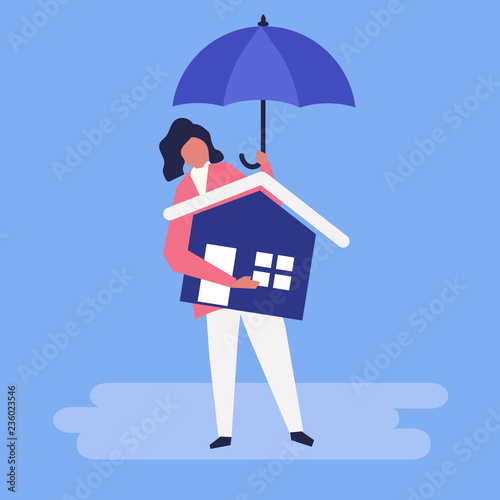 Character of a woman and residential insurance concept illustration