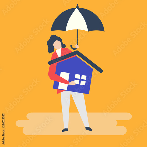 Character of a woman and residential insurance concept illustration