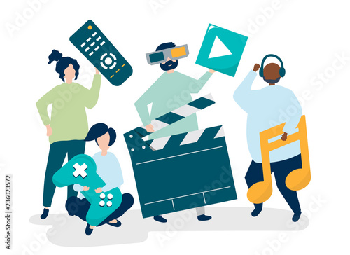 Characters of people holding multimedia icons illustration