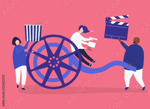 Characters of people holding movie icons illustration