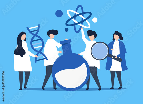 Characters of scientists holding chemistry icons illustration
