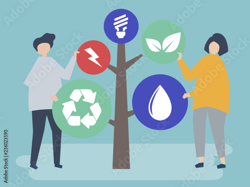 Characters of people and a tree of environmental icons illustration