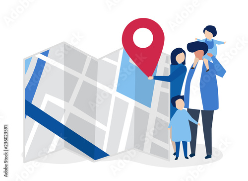 Characters of family with a map and GPS marker illustration