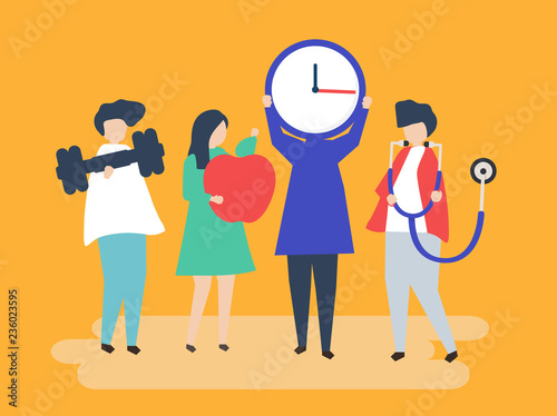 Characters of people holding healthy lifestyle icons illustration