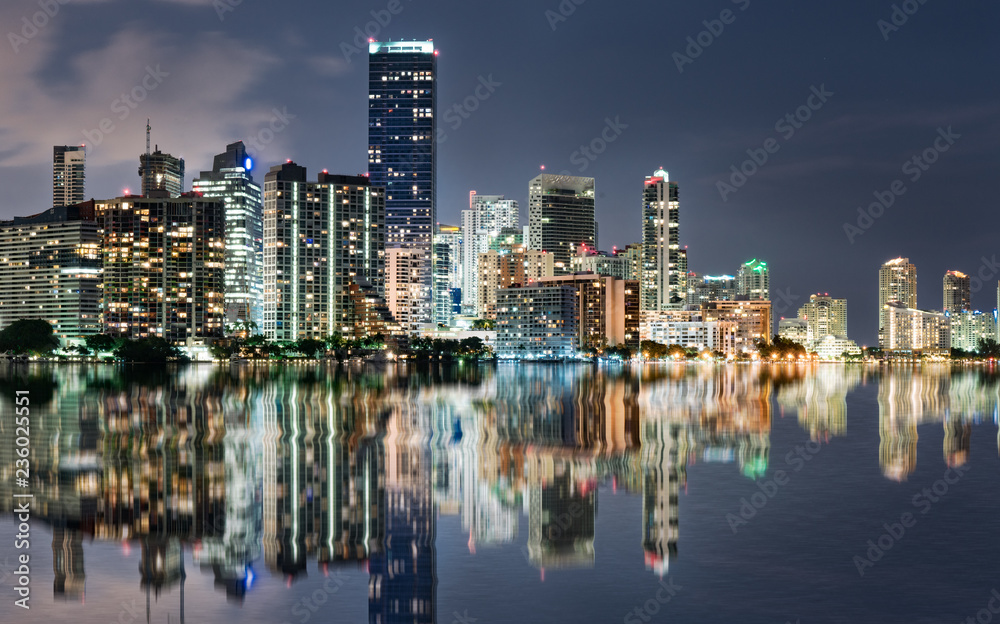 Miami Skyline reflection at Night Across Biscayne Bay