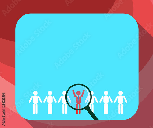 Business concept Empty template copy space isolated Posters coupons promotional material. Magnifying Glass Over Chosen Man Figure Among the Hu analysis Dummies Line Up