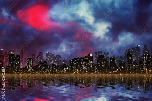Night view silhouette of New York / Manhattan in scary sky atmosphere with reflection in the river.
