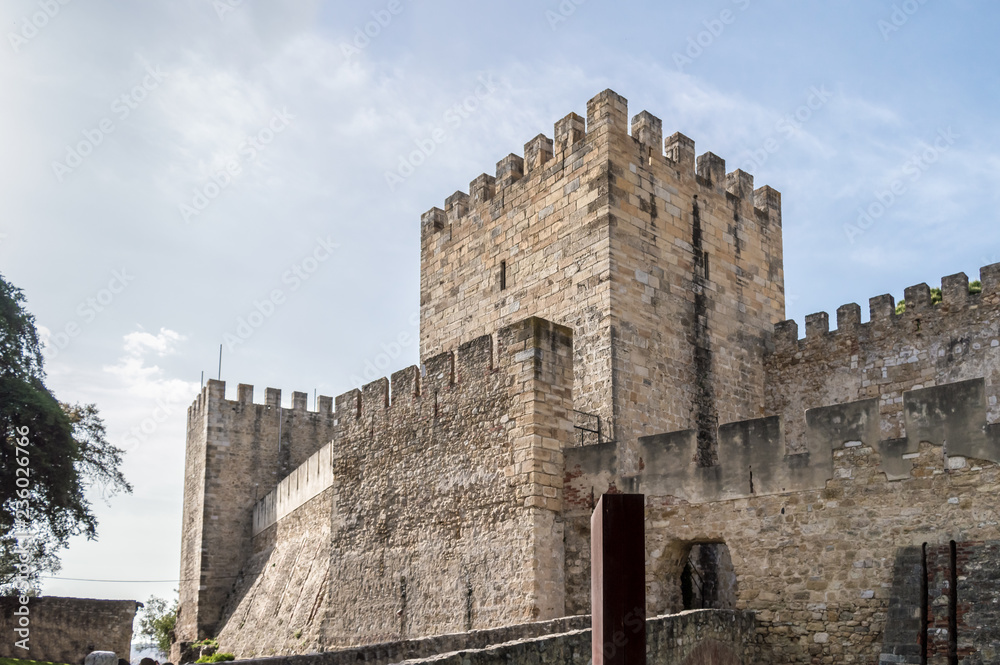 Lisbon, PORTUGAL - April 23, 2018: a tower of the 'Castelo de São Jorge', was a fortress  for the moors and residence of the first king of Portugal