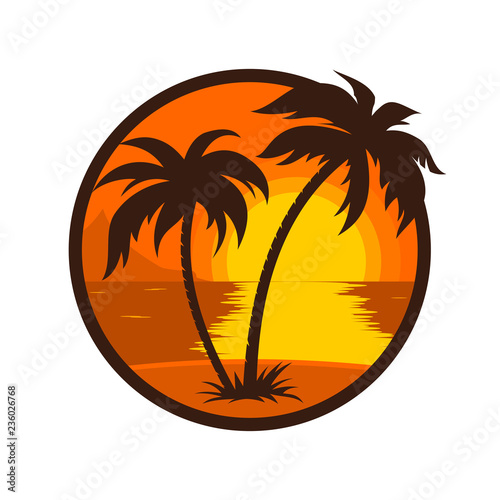 Fototapeta Naklejka Na Ścianę i Meble -  Tropical sunset with palm tree round icon