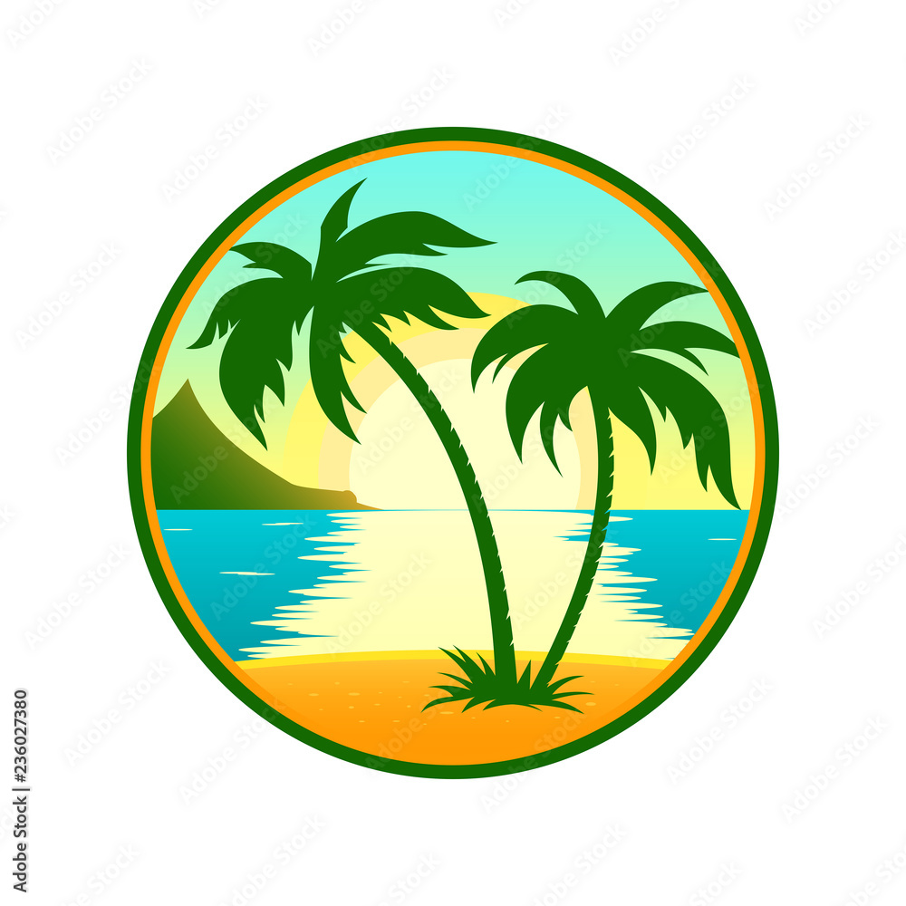 Tropical beach with palm tree round icon