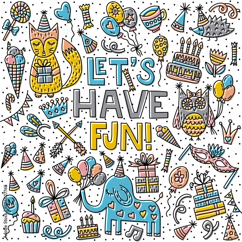 Let's have fun. Lettering with party animals Let's have fun. Lettering with party animals
