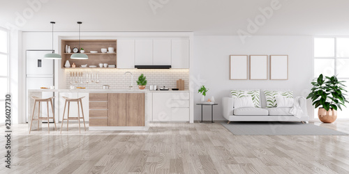 Modern white Home interior,living and kichen room  concept design,cozy house ,3drender